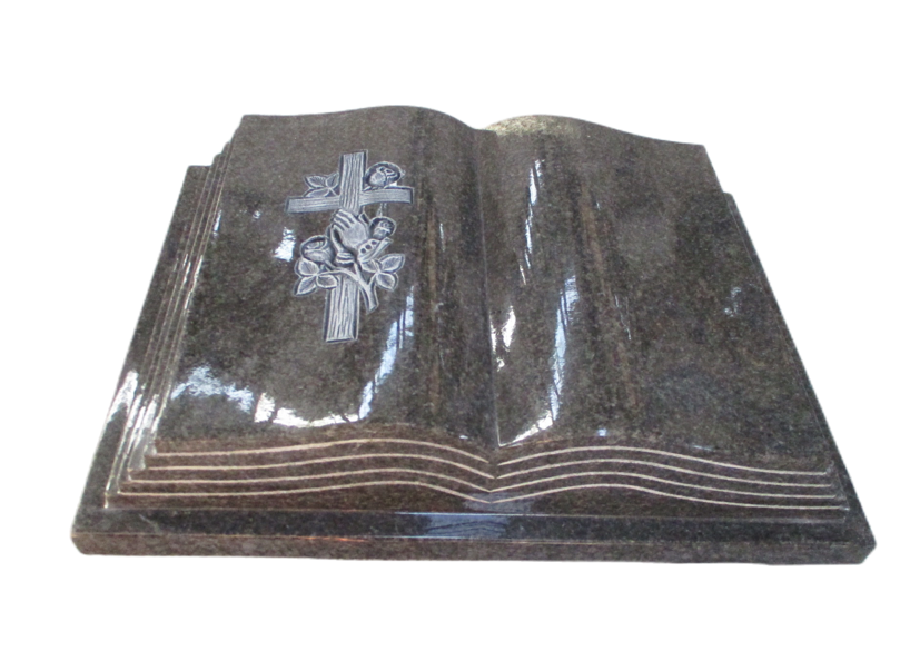 Liegestein, liegender Grabstein mit Kreuz und Rosa Ornament