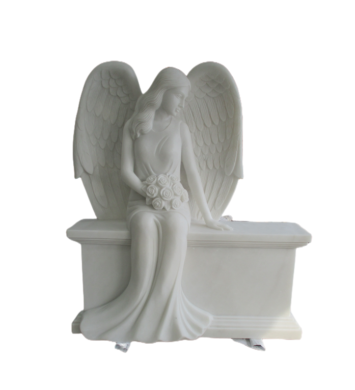 Engelstein, Grabstein mit sitzendem Engel aus Weiß Marmor