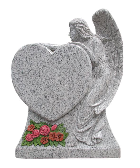 Engelstein, stehender Grabstein mit Ornament Engel und bunten Blumen