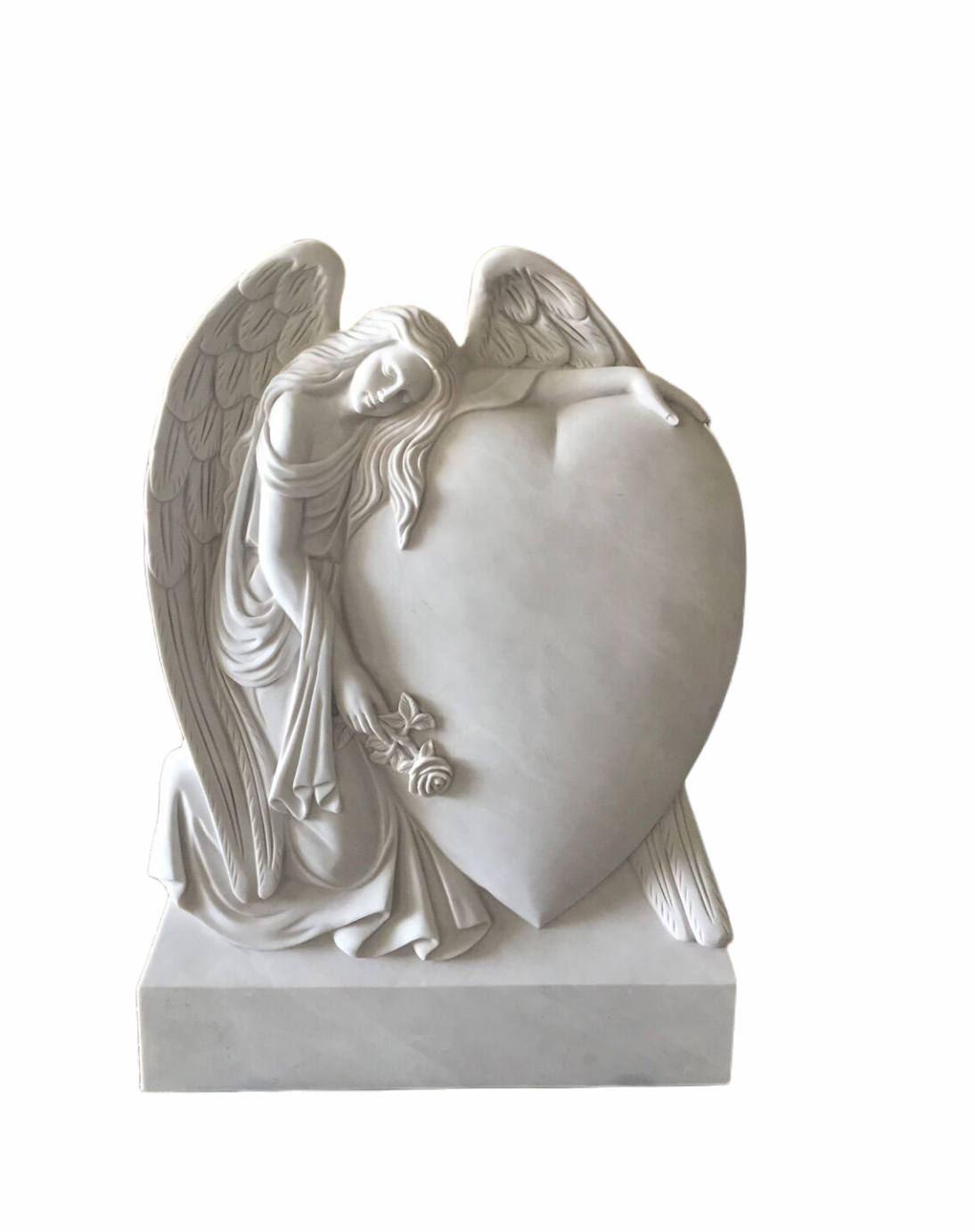 Engelstein, Grabstein mit Herzen und Rosa aus Weiß Marmor